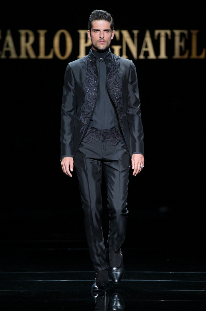 traje de novio moda elegante moda hombre negro satinado alta costura carlo pignatelli 2016