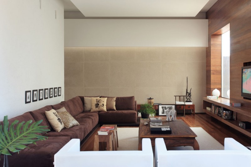 canapé d'angle marron design espace de vie moderne