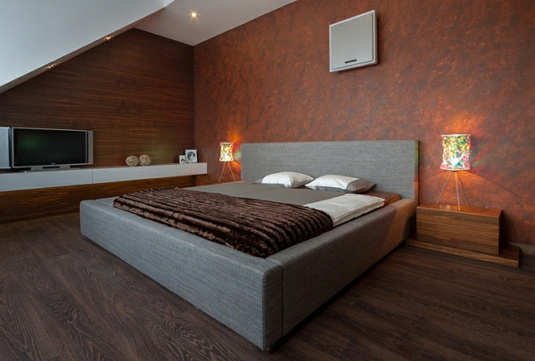 Ruskeat tekstuurit lattiapäällysteiden makuuhuone kalusteet verhoiltu sänky