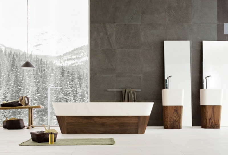 ruskea seinämaali kylpyhuone betoniseinät puuhuonekalut