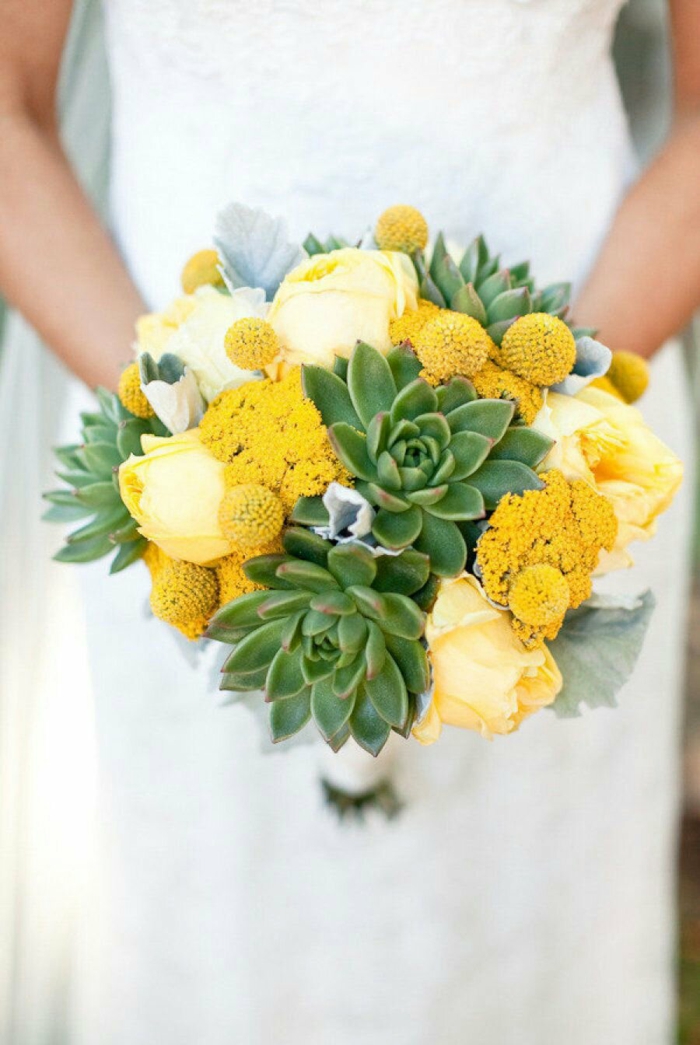 robe de mariée à long voile fleurs jaunes succulentes