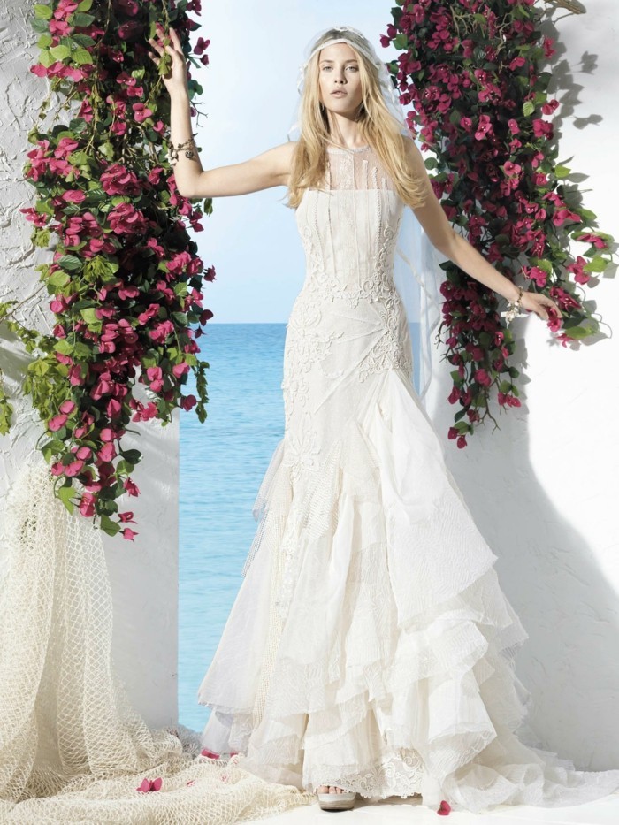 vestidos de novia estilo bohemio largo vestido de novia blanco largo cabello rubio
