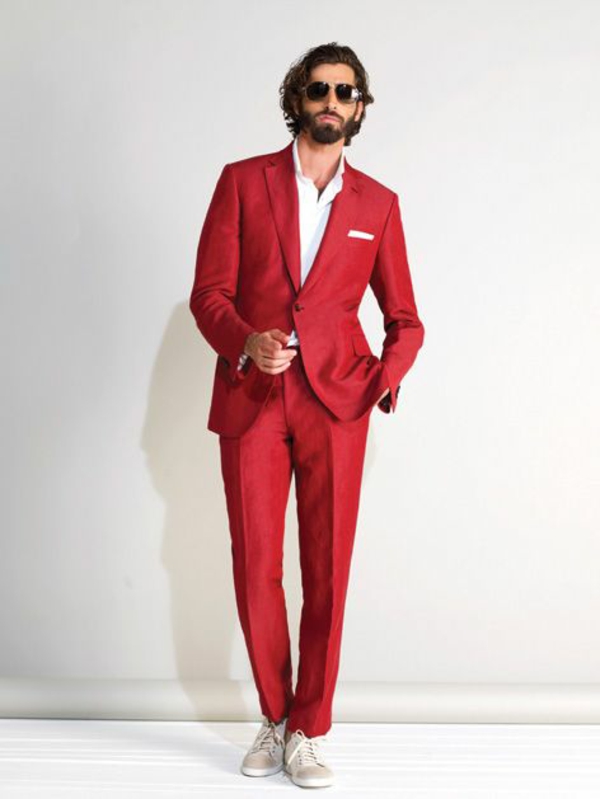 бриони мъжки моден италиански костюм модерен червен