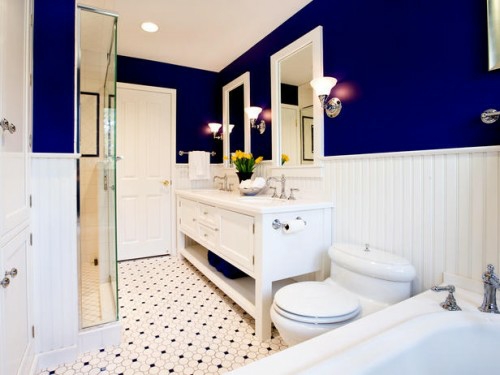 多彩的浴室设计深蓝色的墙壁