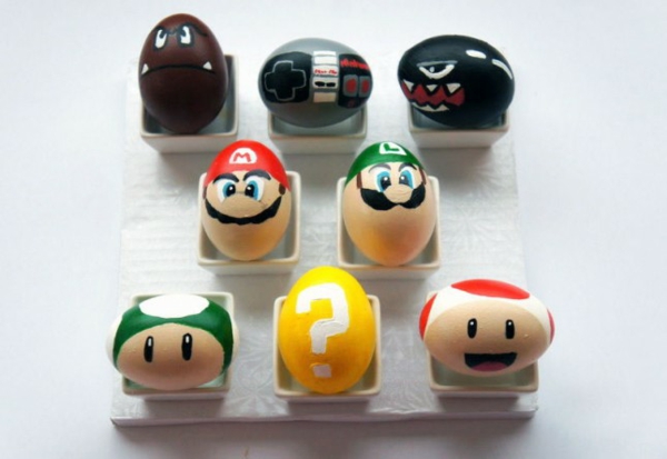 colorful easter eggs with children painted super mario