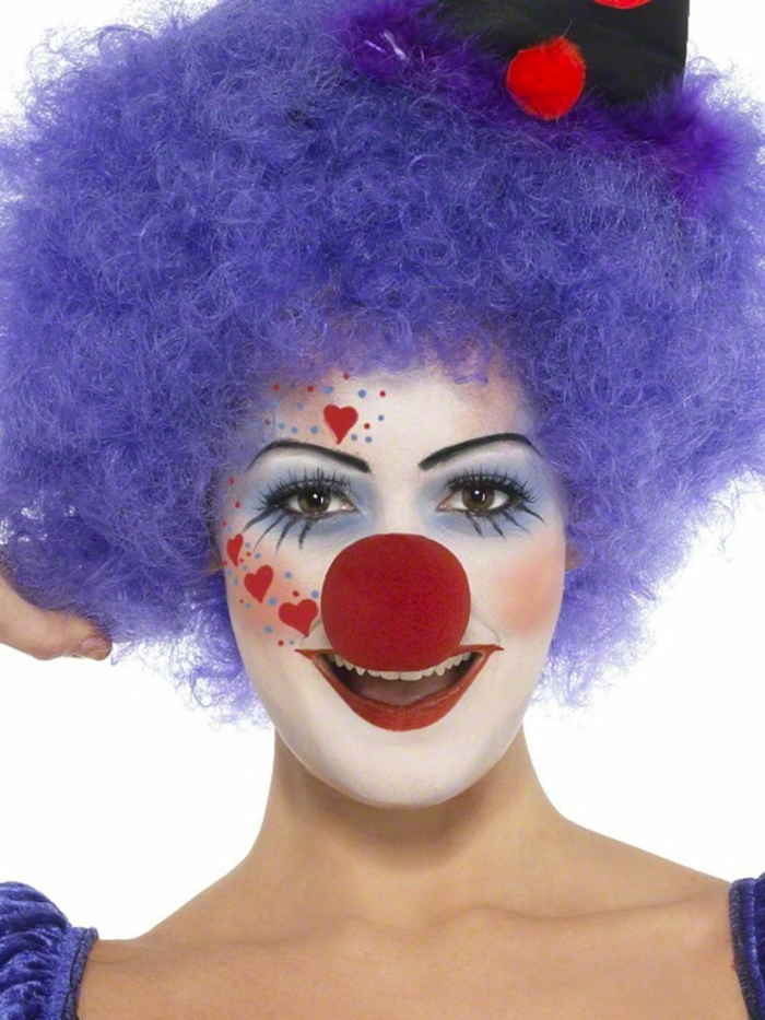 clown make-up luomiväri punainen nenä pyöreä purppura peruukki