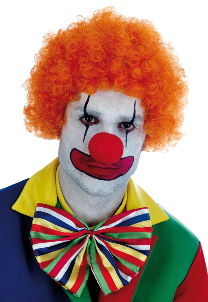 clown make-up orange wig colorful striped fly red nose round