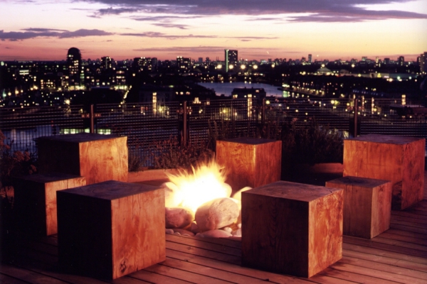 beautiful roof terrace design wood stool fireplace