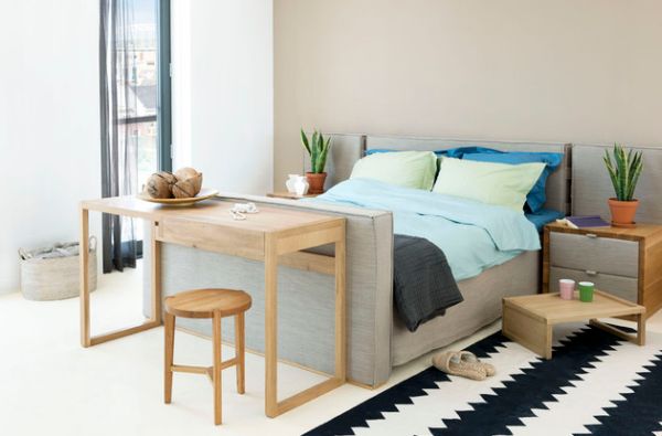 ideas de decoración fresca dormitorio pequeño espacio apretado cama ahorro de madera