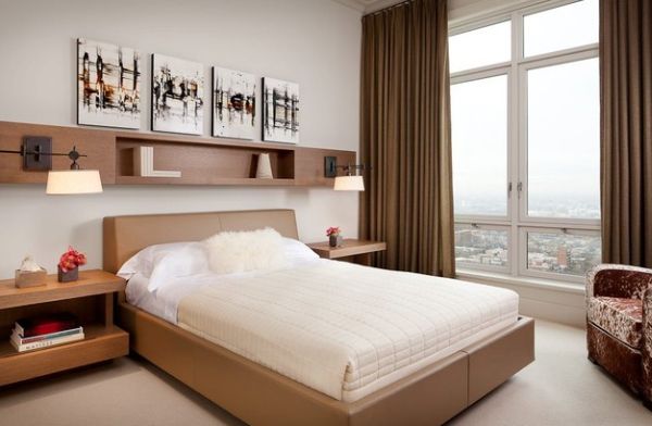 ideas frescas decoración dormitorio pequeño estantes color beige ventana sillón cama