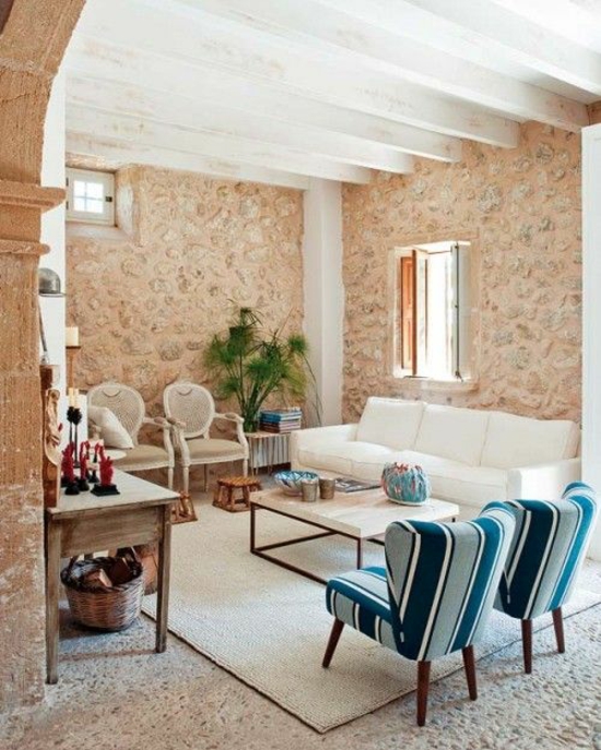 cool furnishing ideas old wooden beams furnishing stone wall living room blue color accents