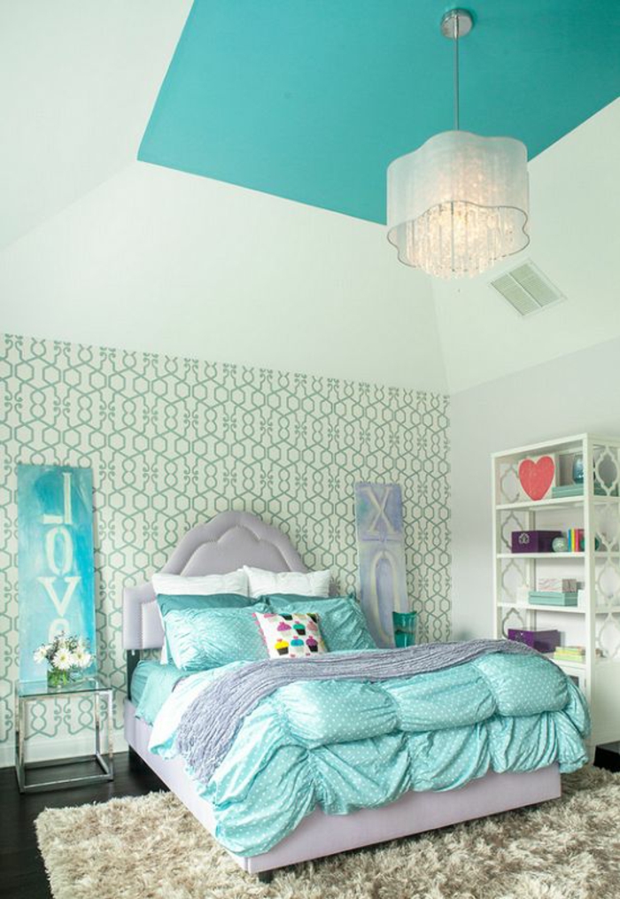 أفكار غرفة الشباب باردة السرير النعناع اللون الأخضر لهجة