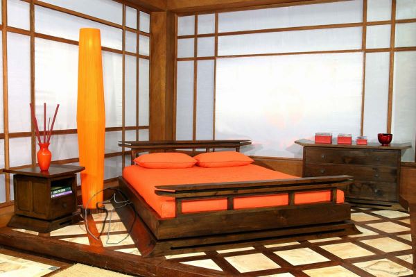 køligt soveværelse farveskema accenter orange minimalistisk