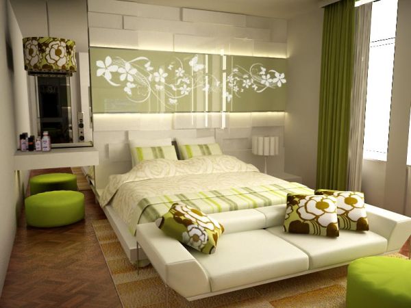 moderní ložnice barevná paleta zelená krém relaxovat