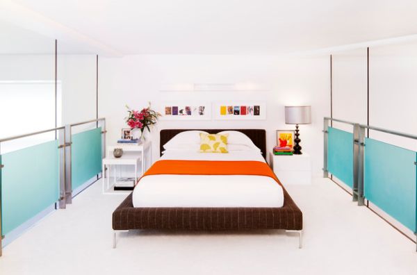 красива спалня цветова палитра оранжево синьо акценти