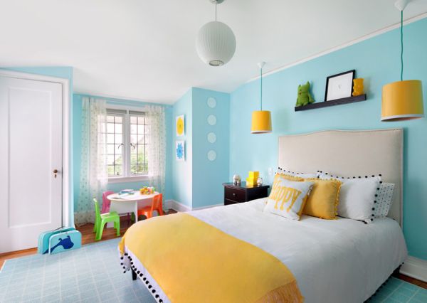 cool ložnice barevná paleta elegantní kombinace modrá žlutá