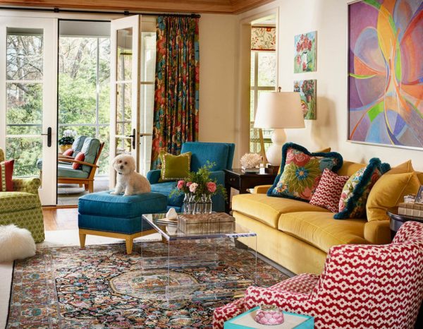 akryl sofabord stue hjørnesofa levende farve orientalsk tæppe