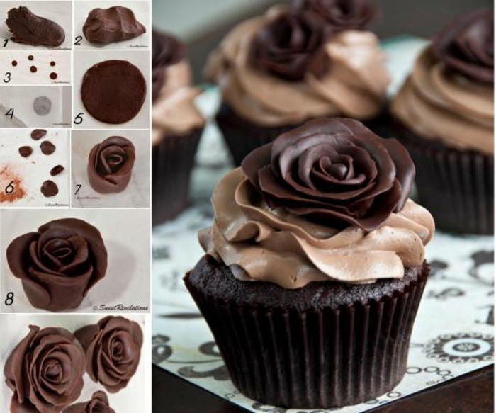 Versier cupcake met roos van het modelleren van chocolade
