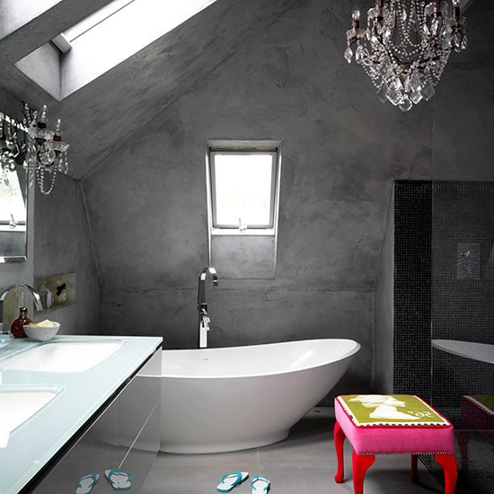 Mansardinis betono sienos šviestuvas modernus vonios kambarys