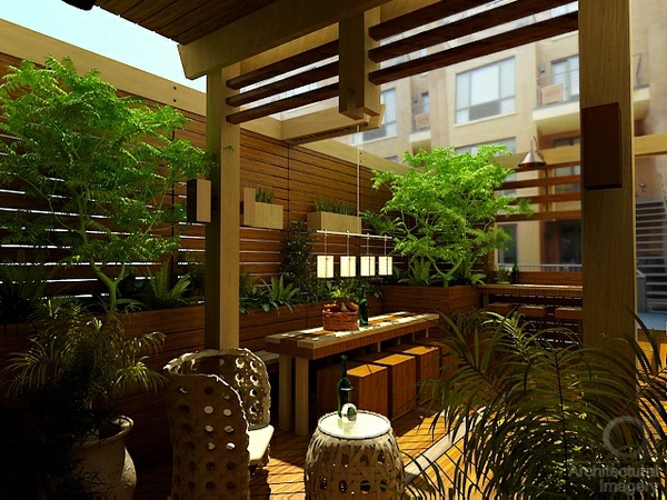 roof terrace design ideas wood decking rattan furniture dining area