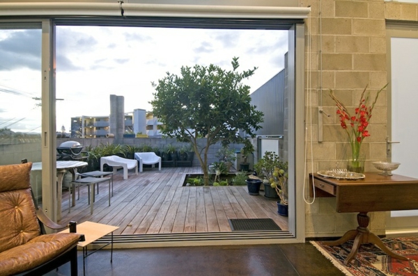 Roof terrace design sliding doors made of glass terrace boards
