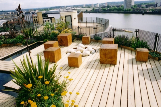 rooftop terrace design modern wooden floor tile wood cube pond