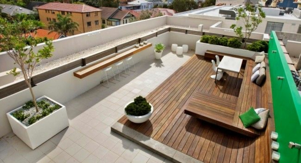 roof terrace design wood floor platform furniture fleece lay bar counter gravel