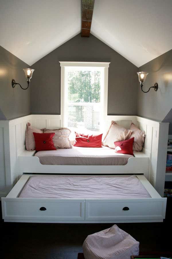 stogo kambarys lova sėdynė idėja dizainas jaukus lango sėdynės