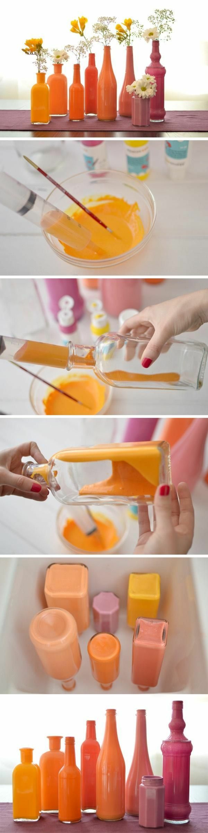 deco ideeën diy oude objecten glazen flessen glazen verpakkingen oranje roze gele vazen ​​maken jezelf