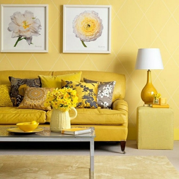 deco-ideat olohuone keltainen sisustus keltainen kukka sisustus murals