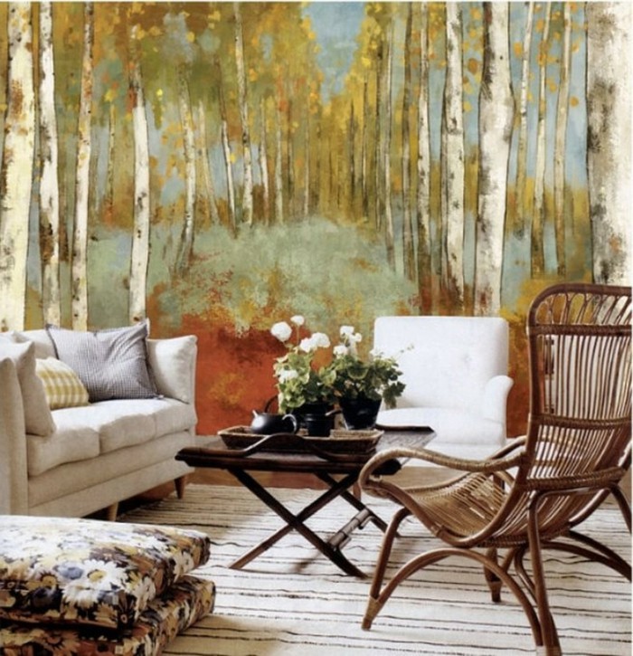 dekorace obývací pokoj les podzimní pás koberec podlahové polštáře