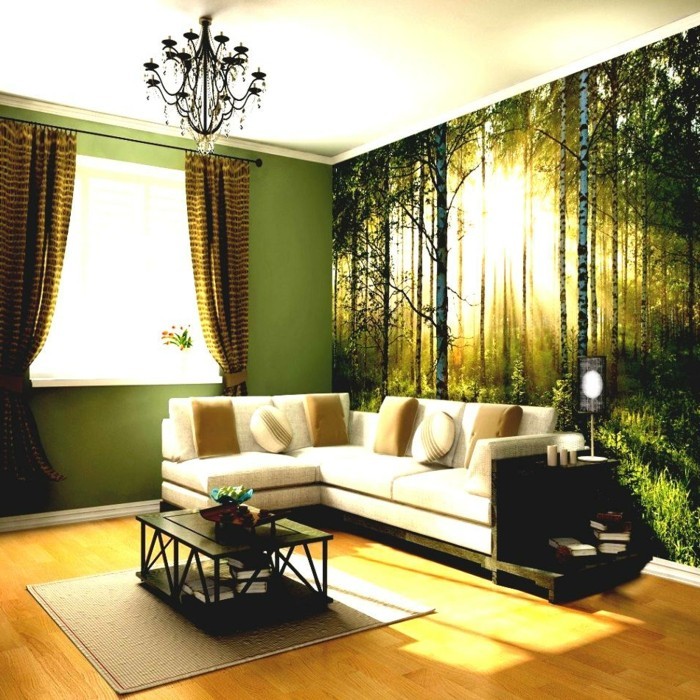 deco nápady obývací pokoj zeď dekor záclony zelená stěna barva