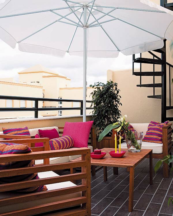 balcony set up umbrella wooden furniture