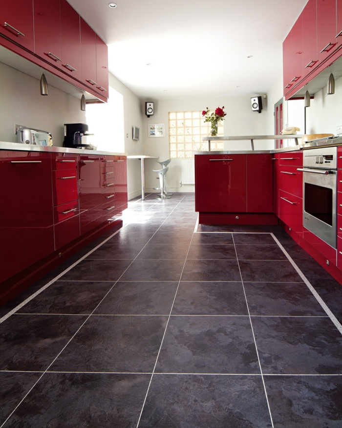 piso de diseño baldosas de vinilo cocina gabinetes de cocina de color rojo