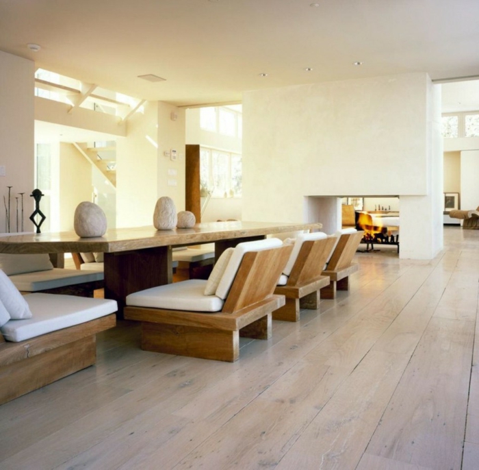 diseño de suelos sala de estar parquet minimalista piedras