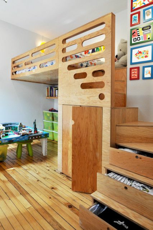 ideas de diseño para amueblar la escalera de madera de la habitación de los niños