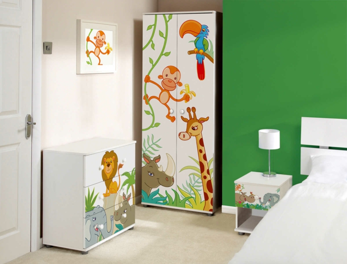 تصميم خزانة ملابس الأطفال غرفة الأطفال الأثاث مضحك ملون أخضر لهجة الجدار