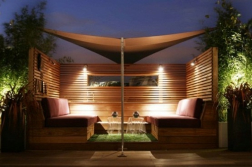 designer roof terrace furnishing cool wood sofa sunshade