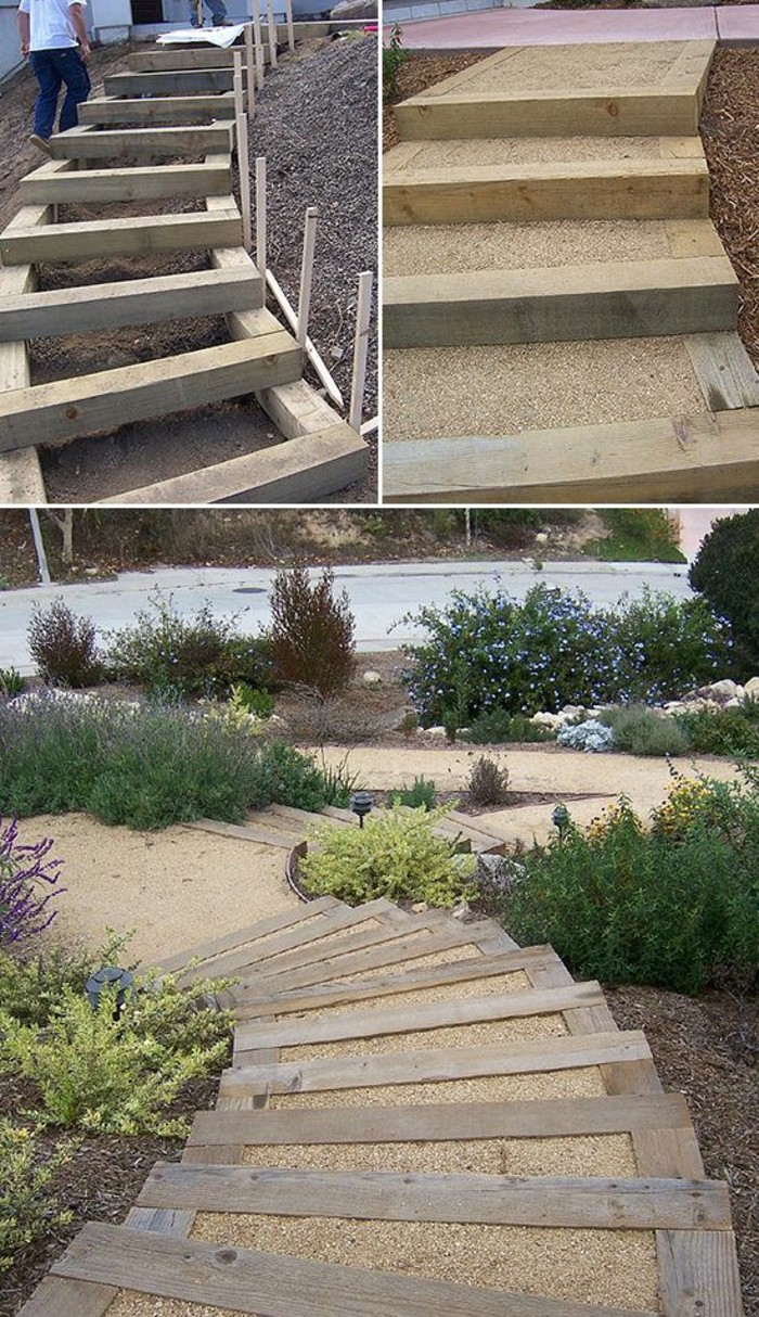 DIY ιδέα σκάλες κήπο με ξύλο και βότσαλα