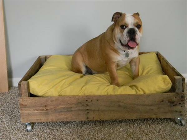 diy træhund senge lavet af europallets gule strøelse