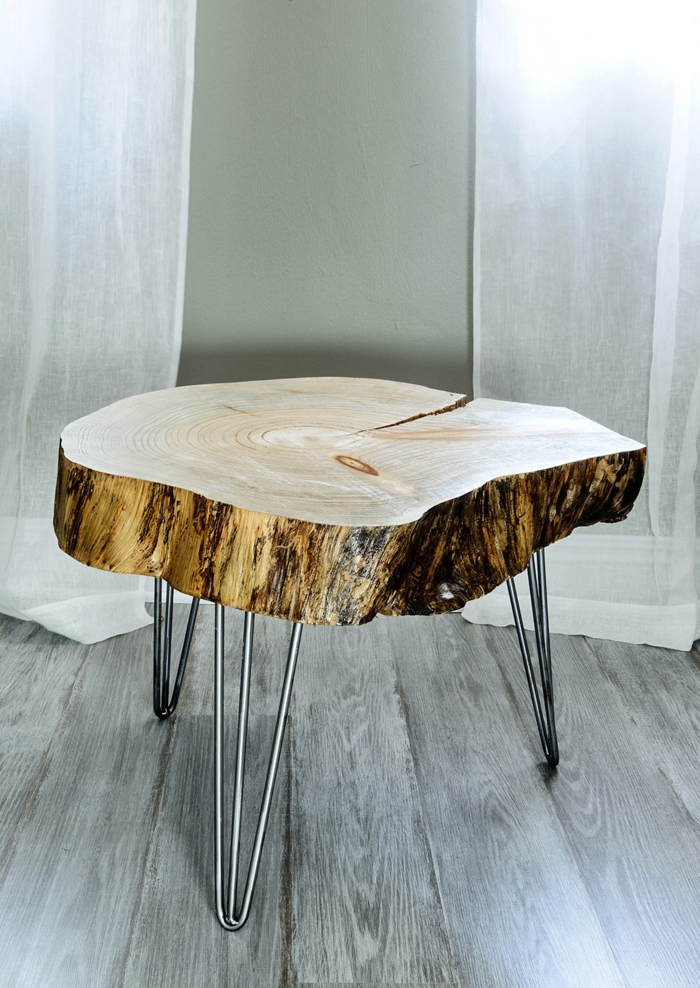 bricolaje muebles madera registro árbol tronco metal piernas