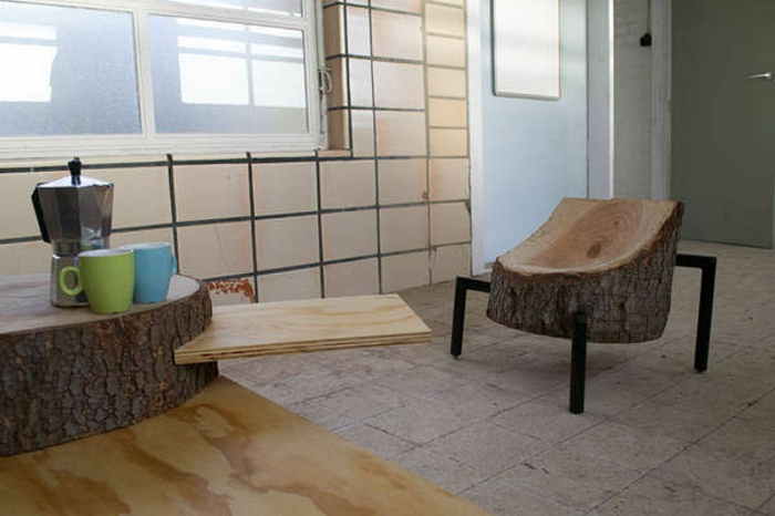 DIY meubels houten blok metalen frame kruk fauteuil