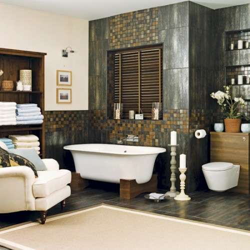 تصميم الحمام الداكن عناصر الخشب الداكن