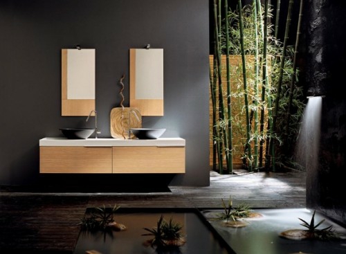 tmavá koupelna design nápady bambusové dekorace