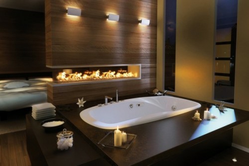 idées de conception de salle de bain sombre intégré meubles en bois cheminée