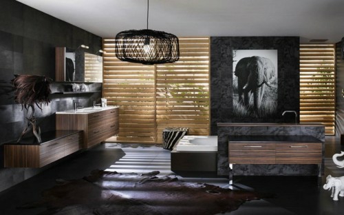 tmavá koupelna design nápady dřevo hnědá šedá