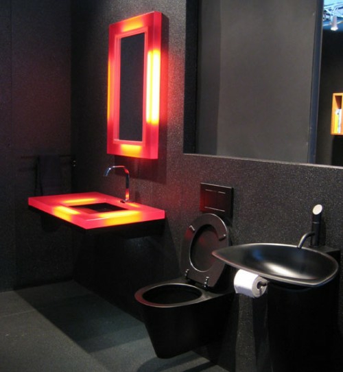dark bathroom design light accents completely black