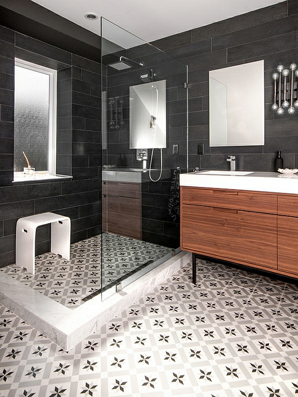 douche salle de bains carreaux de sol motif carreaux noirs