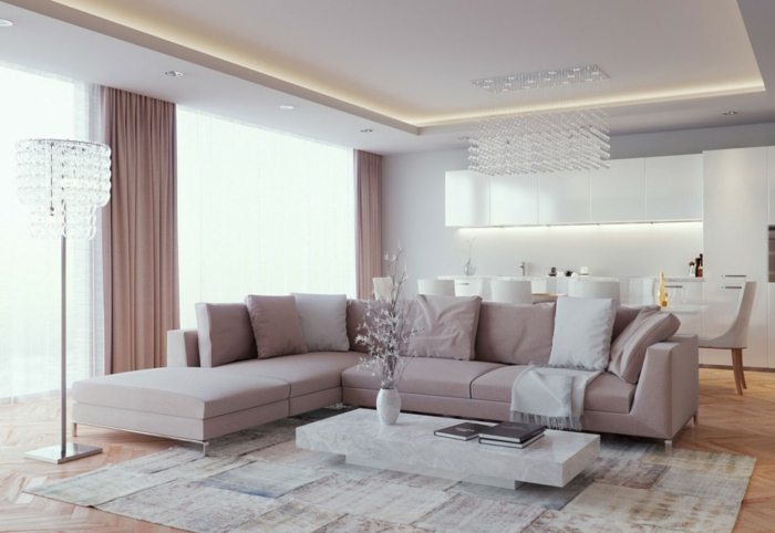 γωνιακή καναπέ κομψό φωτιστικό δαπέδου τραπεζαρία κουρτίνες διακόσμηση σπίτι