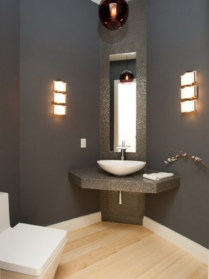 hoek gootsteen moderne badkamer donkere muren muur spiegel